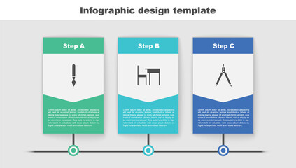 Set Paint brush, School table and chair and Drawing compass. Business infographic template. Vector.