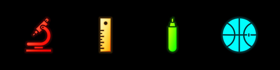 Set Microscope, Ruler, Marker pen and Basketball ball icon. Vector.