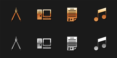 Set Drawing compass, Computer monitor, Exam sheet with A plus grade and Music note, tone icon. Vector.