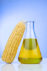 Ethanol biofuel derived from corn maze with beaker in laboratory