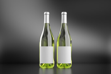 Two white wine bottles 750ml mock up with blank label on black background.