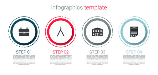 Set School backpack, Drawing compass, building and Exam sheet with A plus grade. Business infographic template. Vector.