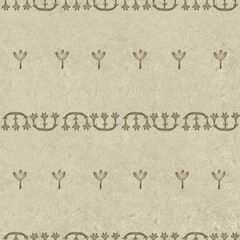 Seamless embossed paper texture for print. High quality illustration. Beige taupe or tan paper texture with embossed abstract ethnic tribal design overlay. Seamless repeat raster jpg pattern swatch.