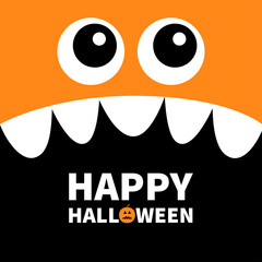 Happy Halloween. Monster head. Boo Spooky Screaming face emotion. Two eyes, teeth fang, mouse. Square head. Cute cartoon character. Flat design. Orange color. Black background template.