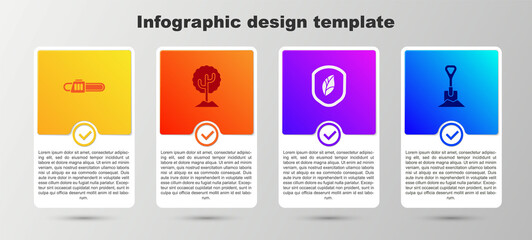 Set Chainsaw, Tree, Shield with leaf and Shovel the ground. Business infographic template. Vector.