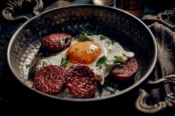 Tasty Sucuklu Yumurta dish for breakfast in pan