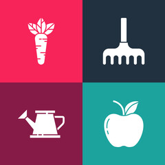 Set pop art Apple, Watering can, Garden rake and Carrot icon. Vector.