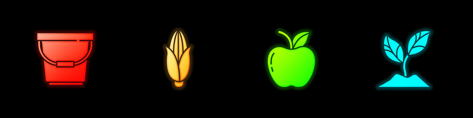 Set Bucket, Corn, Apple and Plant icon. Vector.