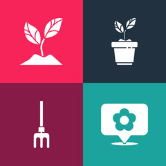 Set pop art Location with flower, Garden rake, Plant in pot and icon. Vector.