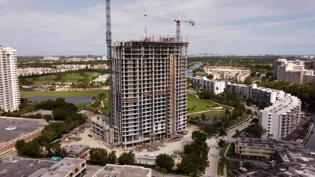 SLS Hallandale upscale resort on the Diplomat Golf Course shot with aerial drone stages inspection video