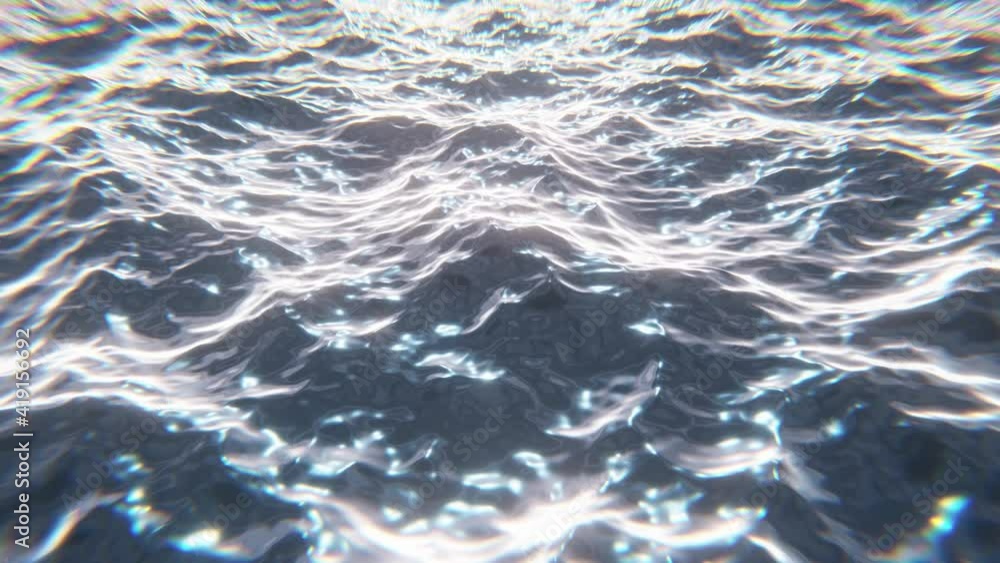 Poster realistic looping slow motion 3d animation of the sunny and shiny sparkling waving ocean waters afte