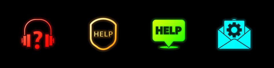 Set Headphones, Shield with text Help, Speech bubble and Envelope setting icon. Vector.