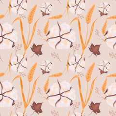 Seamless pattern. Hand-drawn pattern. Summer print with cotton and wheat. Cotton flowers. Ripe wheat.