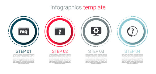 Set Browser FAQ, with question mark, Location gear and Telephone 24 hours support. Business infographic template. Vector.