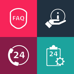 Set pop art Checklist with 24 hours service, Telephone support, Information and Shield text FAQ icon. Vector.