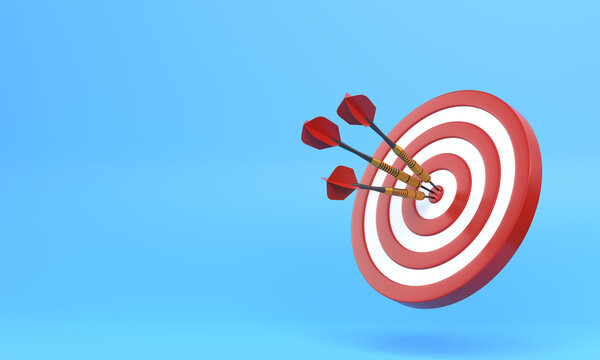 Three darts hitting a red target on the center on blue background with copy space. 3d render illustration