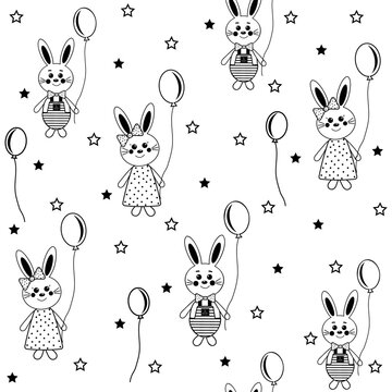 Bunny pattern with balloons, black outline, vector illustration