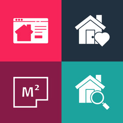 Set pop art Search house, House plan, with heart shape and Online real estate icon. Vector.