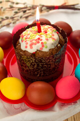 Close-up of a glazed Easter cake with a burning candle on a red plate with colored eggs . The concept of celebrating Easter
