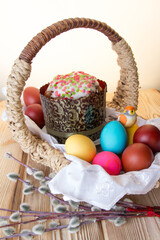 Easter basket with a cake, a toy bird and colored eggs . The concept of celebrating Easter