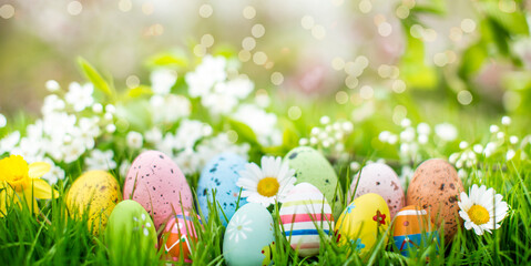 Beautiful postcard with easter decoration and painted colorful easter eggs in beautiful nature landscape in spring. Easter eggs on the fresh green meadow.