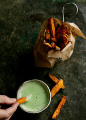 Sweet potato french fries with green sauce