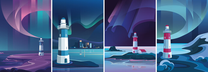 Lighthouses in the background of aurora borealis. Collection of northern landscapes.