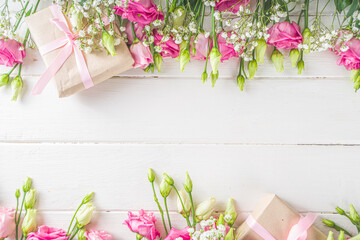 Beautiful spring flowers with gifts