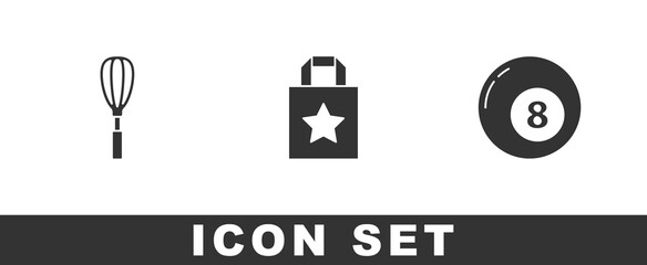 Set Kitchen whisk, Paper shopping bag and Billiard pool snooker ball icon. Vector.