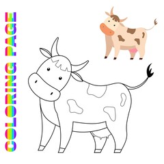 Coloring page for kids with cow. Farm animal