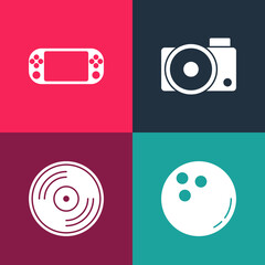 Set pop art Bowling ball, Vinyl disk, Photo camera and Portable video game console icon. Vector.