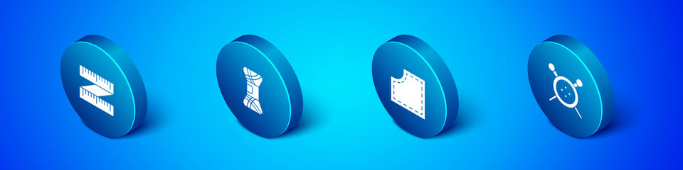 Set Isometric Tape measure, Sewing Pattern, button and knitting needles and Yarn icon. Vector.