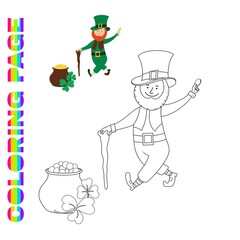 Coloring page with smiling leprechaun holds a coin in his hand and  pot of gold.