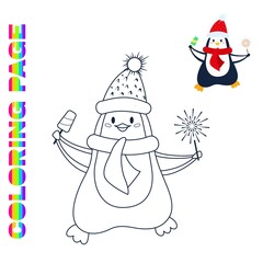 Coloring page with cute christmas penguin with with ice-cream and fireworks
