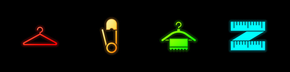 Set Hanger wardrobe, Safety pin, and Tape measure icon. Vector.