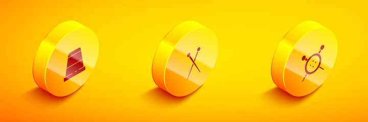 Set Isometric Thimble for sewing, Knitting needles and Sewing button and knitting icon. Vector.
