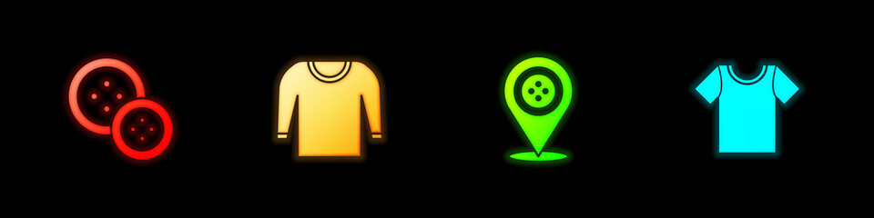 Set Sewing button, Sweater, Location tailor shop and T-shirt icon. Vector.