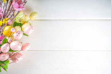 Easter eggs and Spring Flowers background