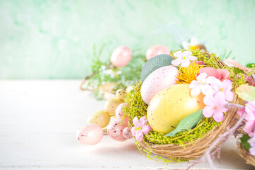 Easter eggs and Spring Flowers background