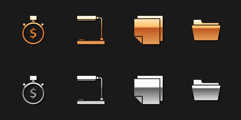 Set Time is money, Table lamp, Post note stickers and Document folder icon. Vector.