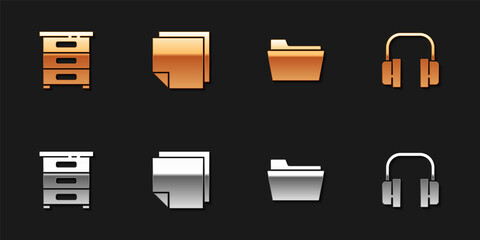 Set Drawer with documents, Post note stickers, Document folder and Headphones icon. Vector.