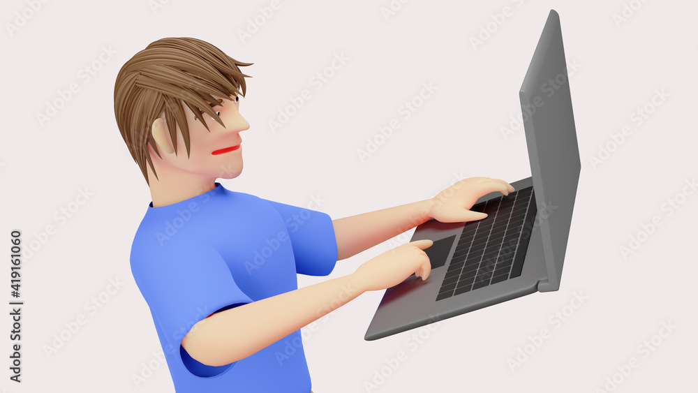 Poster digital online education. 3d of a man using a notebook isolated white background, about learning on 