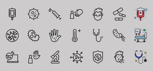 CORONAVIRUS A set of icons on the theme of coronavirus, contains icons such as an antiseptic, handwashing, masks, bacteria, sneezing, temperature, virus, thin lines, editable stroke, vector