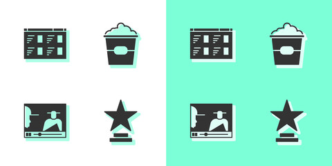Set Movie trophy, Online play video, and Popcorn box icon. Vector.
