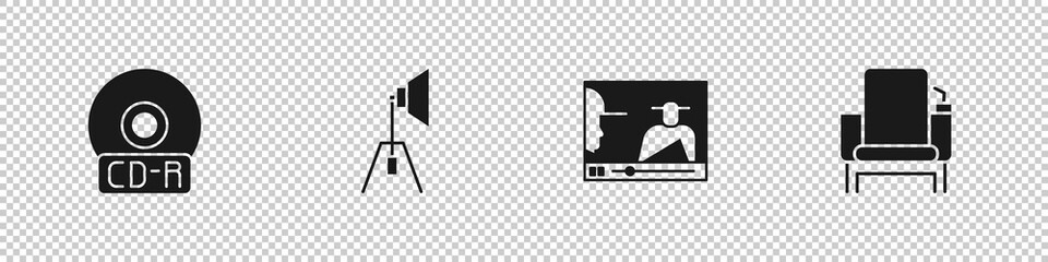 Set CD or DVD disk, Movie spotlight, Online play video and Cinema chair icon. Vector.