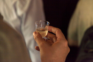 Glasses of (cachaça) in a (cahcaçaria) tasting with a rustic climate, woody counter and drinks being prepared. Cachaça concept. Drink concept.
