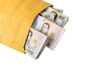 money banknote thai baht in envelope paper brown bag, corrupt money or corruption concept, paper envelope with money isolated on white, savings money and financial business concept, copy space