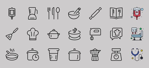 Set of icons for cooking and kitchen, vector lines, contains icons such as a knife, saucepan, boiling time, mixer, scales, recipe book. Editable stroke, perfect 480x480 pixels, white background