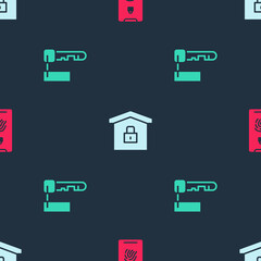 Set Mobile with fingerprint scan, House under protection and Marked key on seamless pattern. Vector.