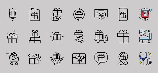Gifts Linear Icons Set contains Gift Box, Gift Buying, Gift Delivery, Gift Geolocation mobile application, Gift notification, SMS. Editable Barcode, Vectar Icons